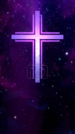 Foto de Cruz cristiana futurista en lazo ciberespacial vertical etéreo púrpura. Concepto 3d animación del crucifijo cifi católico romano como signo religioso de una espiritualidad moderna y la fe en el mundo digital - Imagen libre de derechos