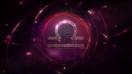 Foto de Signo del zodíaco Libra como ornamento dorado y anillos sobre fondo de galaxia violeta púrpura. Ilustración 3D concepto de símbolo de astrología mística, horóscopo de medios sociales calendario banner ilustraciones y espacio de copia. - Imagen libre de derechos