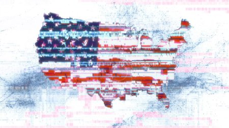 Téléchargez les photos : Drapeau brillant des États-Unis d'Amérique en silhouette de la carte des États-Unis sur fond de code numérique abstrait. Concept d'illustration 3D pour la sensibilisation à la cybersécurité nationale, l'internet sécurisé et les attaques frauduleuses. - en image libre de droit