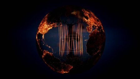 Foto de Esfera de mapa del mundo de la tierra abstracta con bombilla de luz brillante iluminada ciudades nocturnas. Concepto Ilustración 3D para el consumo global de energía eléctrica. Globalización de las energías renovables y los recursos fósiles. - Imagen libre de derechos