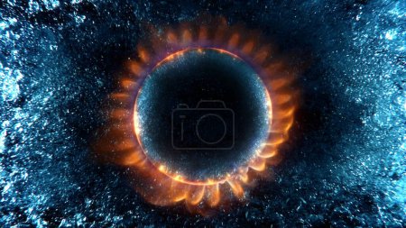 Photo for Concept 3D illustration of hot flames burning on water H2 bubbles background in a sustainable cycle of natural fuel. Hydrogen zero carbon emission energy as renewable resource alternative to LNG gas. - Royalty Free Image