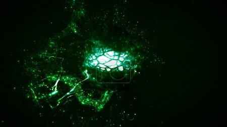 Photo for Rotating Abstract Energetic Green Glowing Particle Nucleus showcase Background. Abstract 3D illustration loop background for Bio fuel and algae-powered fuel cells in photosynthetic energy production - Royalty Free Image