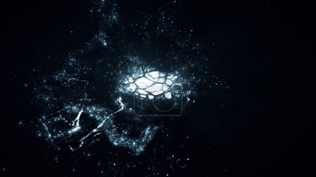 Téléchargez les photos : Argent abstrait rotation futuriste intelligence artificielle boule de virus informatique. Concept créatif Illustration 3D d'une forme de vie synthétique en tant que nano bot ou noyau d'énergie extraterrestre microscopique. - en image libre de droit