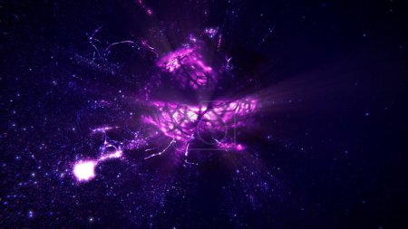 Téléchargez les photos : Noyau élémentaire de particules de matière quantique subatomique tournante avec neutrinos en orbite. Concept créatif Illustration 3D pour protons lumineux, temps et gravité, ou idées de cellules énergétiques et fusion à froid. - en image libre de droit