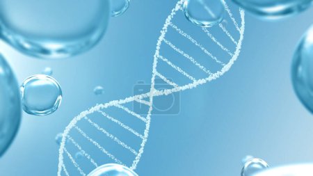 Beauté et soins médicaux cellule souche 3d illustration concept. Hélice à bulles d'humidité blanche sur fond bleu clair avec des gouttelettes pures comme génie génétique futuriste du vaccin ARNm et cosmétiques.