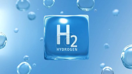 "H2 Hydrogen" titled water bubble cube. 3D illustration for infographics background with water molecule in transparent style. Ecology, biology and biochemistry concept of renewable fuel green energy.