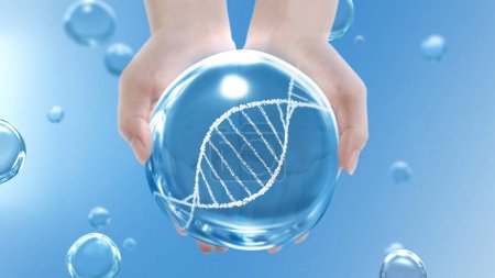 Photo for Female hands cupped together holding clean water drop and revolving DNA Helix on blue bubble background. 3D illustration concept for healthcare, sanitizer hygiene, covid-19 vaccine, and beauty care. - Royalty Free Image