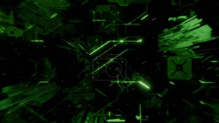 Foto de Banner verde Ilustración 3D sobre fondo negro del espacio abstracto digital, que representa conceptos simulados de big data y blockchain AI-crypto en un diseño geométrico. - Imagen libre de derechos