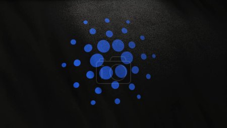 Foto de Logo del icono de ADA Cardano Coin en el fondo de la bandera negra. Concepto Ilustración 3D para criptomoneda y fintech utilizando tecnología blockchain para asegurar transacciones en bolsa Mercado de DeFi. - Imagen libre de derechos