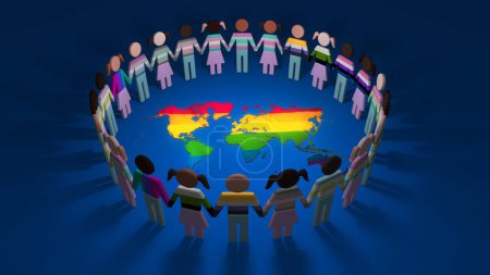 Photo for Group of cutout LGBTQ people holding hands together as a connected circle around the world. 3D animation concept loop of gay, lesbian, queer, gender and race community. Diversity in sexual orientation - Royalty Free Image