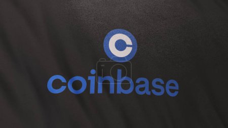 Coinbase Exchange logo on grey flag banner background. Concept 3D illustration for cryptocurrency and fintech using blockchain technology to secure transactions in stock exchange DeFi market.