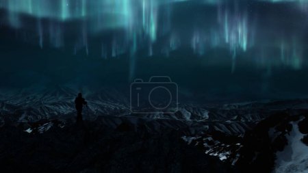 Foto de Hombre en silueta observando luces polares desde la cumbre de roca helada sobre el panorama nevado de la montaña. Concepto Ilustración 3D del paisaje glaciar oscuro del crepúsculo, amplio fondo natural de aurora boreal etérea. - Imagen libre de derechos