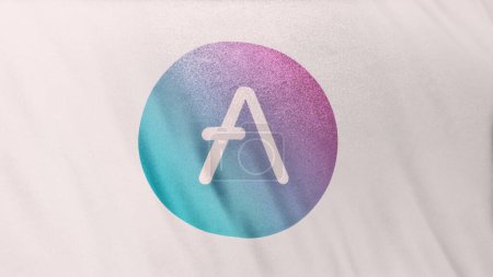 Foto de Logo del icono de AAVE Aave Coin en el fondo del banner de bandera blanca. Concepto Ilustración 3D para criptomoneda y fintech utilizando tecnología blockchain para asegurar transacciones en bolsa Mercado de DeFi. - Imagen libre de derechos