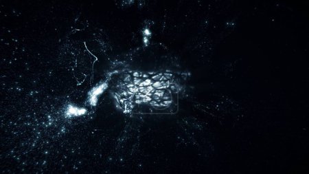 Téléchargez les photos : Argent abstrait rotation futuriste intelligence artificielle boule de virus informatique. Concept créatif Illustration 3D d'une forme de vie synthétique en tant que nano bot ou noyau d'énergie extraterrestre microscopique. - en image libre de droit