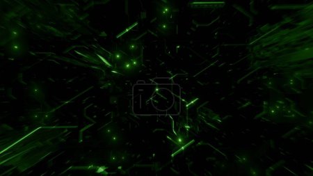 Téléchargez les photos : Illustration 3D de bannière verte sur fond noir de l'espace abstrait numérique, représentant des concepts simulés de big data et de blockchain IA-crypto dans un design géométrique. - en image libre de droit