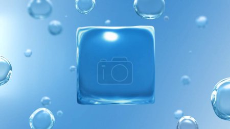 Téléchargez les photos : Bulle en forme de cube. Illustration 3D fond biographique avec molécule d'eau dans un style transparent. Écologie, biologie et biochimie concept de carburant renouvelable énergie verte - en image libre de droit