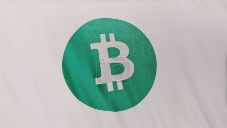 BTC Bitcoin Cash Coin icon logo on white flag banner background. Concept 3D illustration for cryptocurrency and fintech using blockchain technology to secure transactions in stock exchange DeFi market.