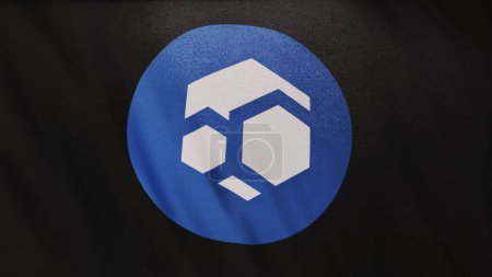 Téléchargez les photos : Zelcore FLUX icône de pièce logo sur fond de bannière drapeau noir. Concept Illustration 3D pour crypto-monnaie et fintech utilisant la technologie blockchain pour sécuriser les transactions en bourse DeFi marché. - en image libre de droit