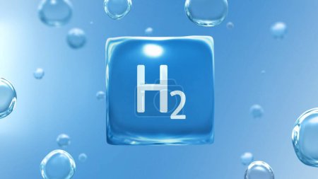 Foto de "H2 "Hidrógeno titulado cubo de burbuja de agua. Ilustración 3D para infografías de fondo con molécula de agua en estilo transparente. Ecología, biología y bioquímica Concepto de energía verde para combustibles renovables. - Imagen libre de derechos