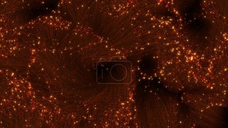 Abstract festive glowing golden optical fiber banner background. 3D illustration concept of fiber cables swirl backdrop. Christmas and New Year holidays product showcase. Elegant copy space backdrop.