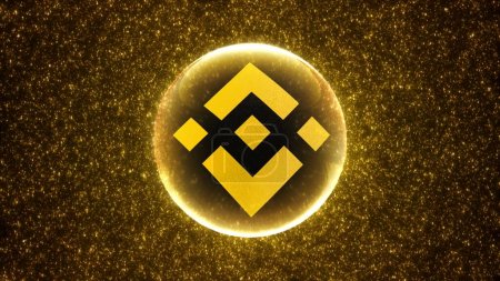 BNB Binance Coin abstract futuristic digital cryptocurrency background and blockchain information technology concept. 3d illustration of luminous binary code particles for trade business and fintech.