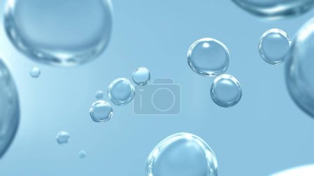 Téléchargez les photos : Concept bleu et blanc réaliste hydro eau douce bulle fond vitrine. Illustration 3D de gouttes carbonatées transparentes avec espace de copie pour produits de soins de beauté et soins médicaux - en image libre de droit
