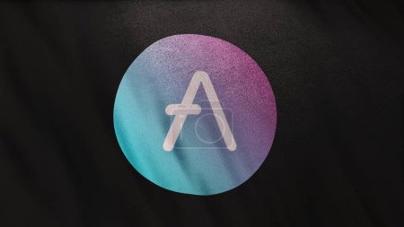 Foto de Logotipo del icono de AAVE Aave Coin en el fondo de la bandera negra. Concepto Ilustración 3D para criptomoneda y fintech utilizando tecnología blockchain para asegurar transacciones en bolsa Mercado de DeFi. - Imagen libre de derechos