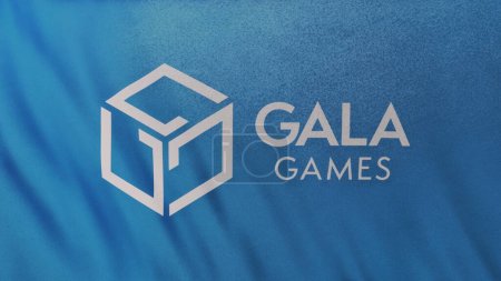 Gala Games GALA Coin icon logo on blue flag banner background. Concept 3D illustration for cryptocurrency and fintech using blockchain technology to secure transactions in stock exchange DeFi market.