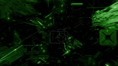 Téléchargez les photos : Illustration 3D de bannière verte sur fond noir de l'espace abstrait numérique, représentant des concepts simulés de big data et de blockchain IA-crypto dans un design géométrique. - en image libre de droit