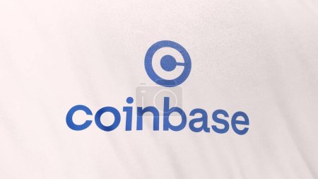 Coinbase Exchange logo on white flag banner background. Concept 3D illustration for cryptocurrency and fintech using blockchain technology to secure transactions in stock exchange DeFi market.