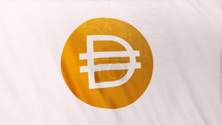 Téléchargez les photos : DAI Multi Collateral Coin icône logo sur fond de bannière drapeau blanc. Concept Illustration 3D pour la crypto-monnaie et la technologie blockchain fintech pour sécuriser les transactions en bourse DeFi market. - en image libre de droit