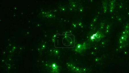 Téléchargez les photos : Fond lumineux vert de bannière d'énergie de particule d'algues lumineuses. Résumé Illustration 3D de la recherche macroscopique sur les e-carburants et les biocarburants microbiotiques. - en image libre de droit
