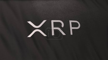 XRP Ripple Coin icon logo on gray flag banner background. Concept 3D illustration for crypto currency and fintech using blockchain technology to secure transactions in stock exchange DeFi market.