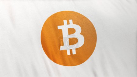 Téléchargez les photos : BTC Bitcoin icône logo sur fond de bannière drapeau blanc. Concept Illustration 3D pour l'exploitation minière et fintech crypto-monnaie en utilisant la technologie blockchain pour sécuriser les transactions en bourse DeFi marché. - en image libre de droit