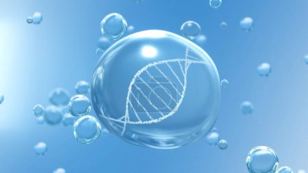 Téléchargez les photos : Nettoyez la goutte d'eau transparente et l'ADN rotatif Helix sur fond de bulle bleue. Concept d'illustration 3D pour les soins médicaux, le gel social, le vaccin covid-19, la femtech et la fécondation artificielle. - en image libre de droit