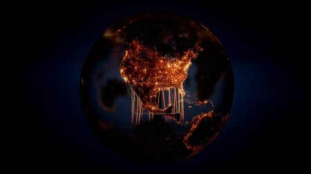 Téléchargez les photos : Abstrait sphère de carte du monde terrestre avec ampoule lumineuse illuminé villes nocturnes de l'Amérique du Nord. Concept Illustration 3D pour la consommation mondiale d'électricité, les énergies renouvelables et les ressources fossiles. - en image libre de droit