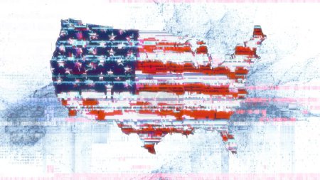Téléchargez les photos : Drapeau brillant des États-Unis d'Amérique en silhouette de la carte des États-Unis sur fond de code numérique abstrait. Concept d'illustration 3D pour la sensibilisation à la cybersécurité nationale, l'internet sécurisé et les attaques frauduleuses. - en image libre de droit