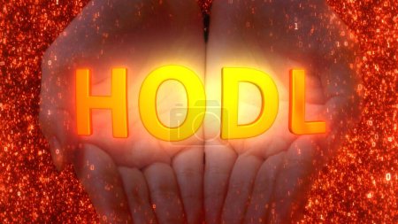 Photo for Hands holding 3D animated "HODL" meme text on a digital binary red background. The famous quote means to hold on to financial assets, shares or cryptocurrency NFT, coin, and tokens during bear market. - Royalty Free Image