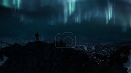 Téléchargez les photos : Homme en silhouette regardant les lumières polaires du sommet de roche glacée sur un panorama montagneux enneigé. Concept Illustration 3D du paysage glacier sombre crépusculaire, large fond naturel aurore boréale éthéré. - en image libre de droit