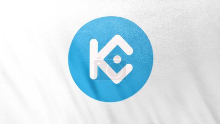 Foto de Kucoin Token KCS Logotipo del icono de la moneda en el fondo de la bandera blanca. Concepto Ilustración 3D para criptomoneda y fintech utilizando tecnología blockchain para asegurar transacciones en bolsa Mercado de DeFi - Imagen libre de derechos