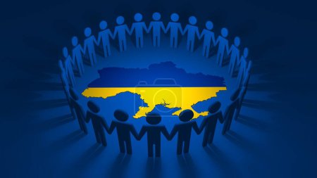 Téléchargez les photos : Groupe de personnes coupant main dans la main formant un cercle connecté d'alliance et de coopération autour de la carte de l'Ukraine sur fond bleu. Illustration 3D concept de paix et de solidarité. - en image libre de droit