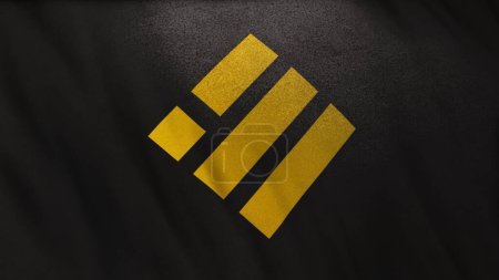 BUSD Binance USD Coin icon logo on black flag banner background. Concept 3D illustration for cryptocurrency and fintech using blockchain technology to secure transactions in stock exchange DeFi market