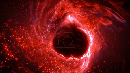 Foto de Partículas rojas brillantes que orbitan el núcleo de plasma ardiente caliente y brillante con materia misteriosa. Concepto Ilustración 3D del proceso de fusión nuclear en reactor solar artificial y experimento de investigación científica - Imagen libre de derechos