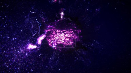Téléchargez les photos : Noyau élémentaire de particules de matière quantique subatomique tournante avec neutrinos en orbite. Concept créatif Illustration 3D pour protons lumineux, temps et gravité, ou idées de cellules énergétiques et fusion à froid. - en image libre de droit