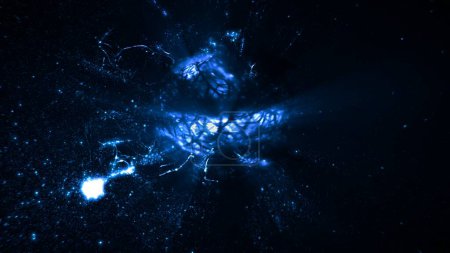 Foto de Núcleo elemental de partículas de materia cuántica subatómica rotatoria con neutrinos en órbita. Concepto creativo Ilustración 3D para protones ligeros, tiempo y gravedad, o ideas de células energéticas y fusión en frío. - Imagen libre de derechos