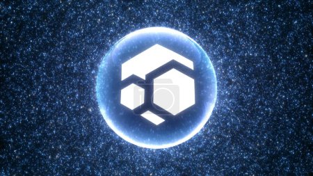 Photo for Zelcore Flux Coin abstract futuristic digital cryptocurrency background and blockchain information technology concept. 3d illustration of luminous binary code particles for trade business and fintech. - Royalty Free Image