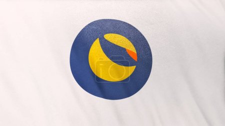 Foto de Logotipo del icono de la moneda Terra LUNA en el fondo de la bandera blanca. Concepto Ilustración 3D para criptomoneda y fintech utilizando tecnología blockchain para asegurar transacciones en bolsa Mercado de DeFi. - Imagen libre de derechos