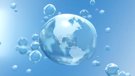 Amerikanische Hemisphäre des Planeten Erde in kristallklarem Tropfen auf blauem Blasenhintergrund. Abstraktes Konzept 3D-Animation zum Weltwassertag, saubere nachhaltige Ressourcen und globaler Klimawandel.