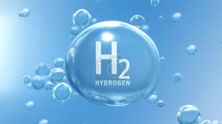 Foto de "H2 Hidrógeno "burbuja de agua titulado. Ilustración 3D bio infografías de fondo con molécula de agua en estilo transparente. Ecología, biología y bioquímica Concepto de energía verde para combustibles renovables - Imagen libre de derechos