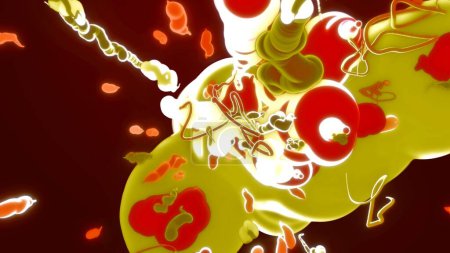 Téléchargez les photos : Organique abstrait ludique orange fond promo. Concept Illustration 3D d'éléments de design de style manga vert et rouge frais dans un motif de décoration joyeux. Rétro cel anime bulles de dessin animé et tourbillons. - en image libre de droit